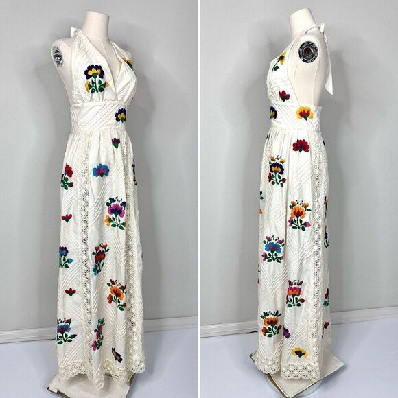 Vintage 70s Mexican Embroidered Halter Maxi Dress Sz S Crochet Lace Boho Cottage - Picture 3 of 13
